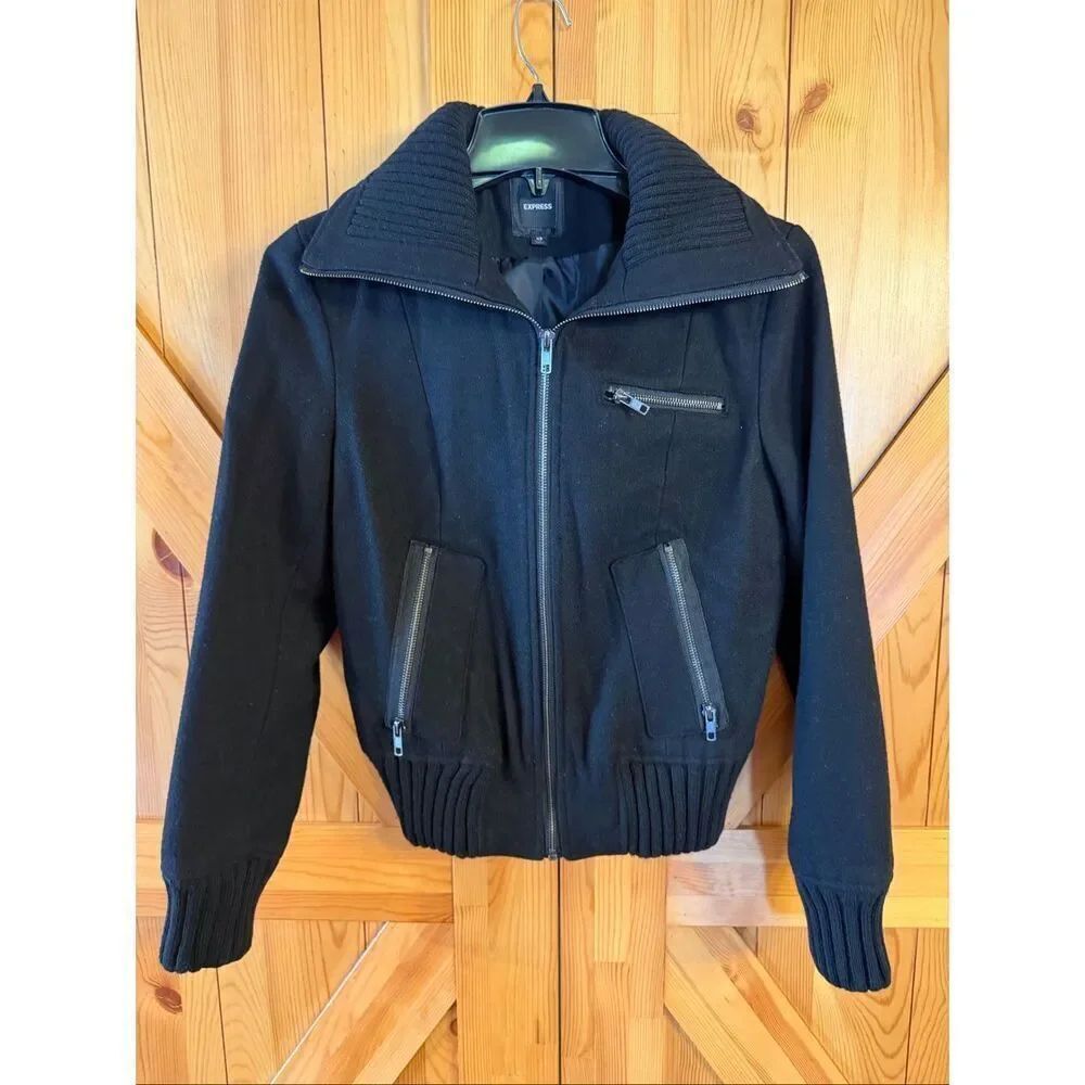 Express Women’s Black Wool Blend Lined Winter Bomber Jacket Size XS (6747)